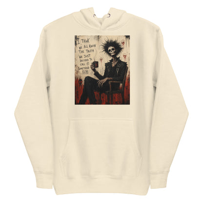 Bone pullover hoodie with the 'Truth and Lies' goth graphic: a wild-haired skeleton in a chair holding a mug, with the words "I think we all know the truth, we just decided to call it something else"
