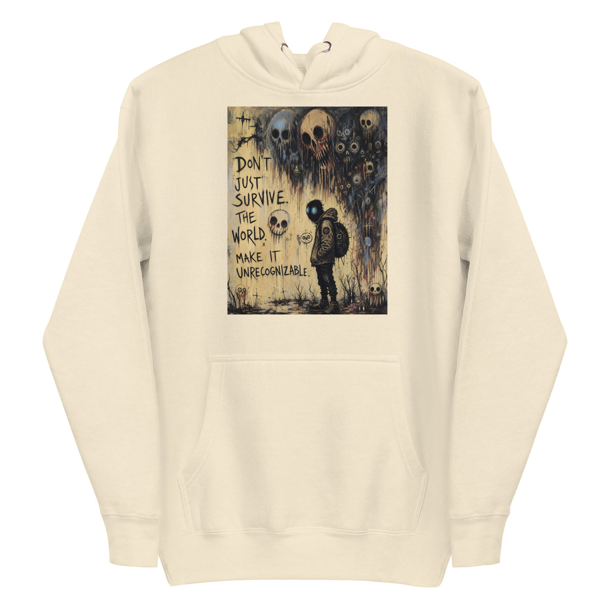 Bone pullover hoodie with the 'World Changer' goth graphic: a hooded figure beneath looming skulls, with the words "Don't just survive the world, make it unrecognizable"
