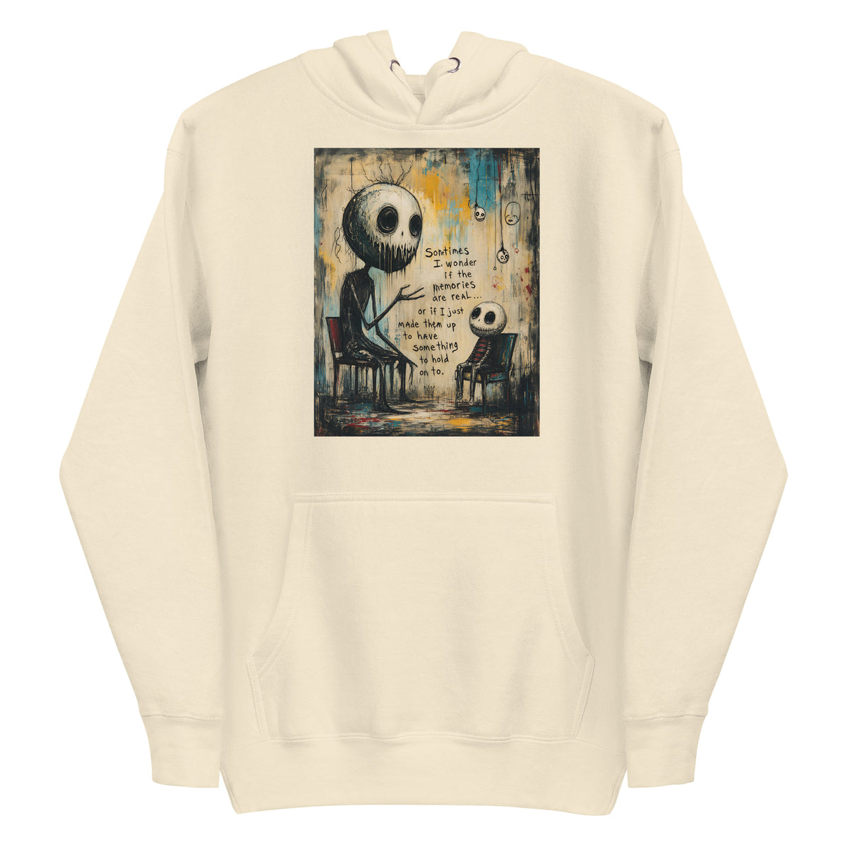 Bone pullover hoodie with the 'Memories' goth graphic: two skull-faced figures sitting in chairs, with the words "Sometimes I wonder if the memories are real"
