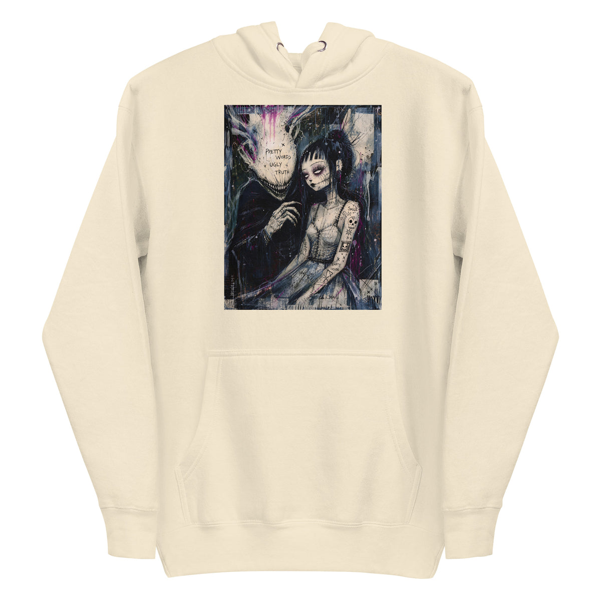 Bone pullover hoodie with the 'Pretty Words' goth graphic: a pale goth bride beside a shadowy creature, with the words "Pretty words, ugly truth"