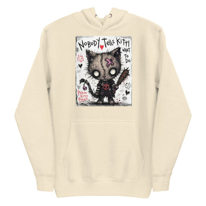 Bone pullover hoodie with the 'Kitty' goth graphic: a stitched zombie cat holding a spiked bat, with the words "Nobody tells Kitty what to do"