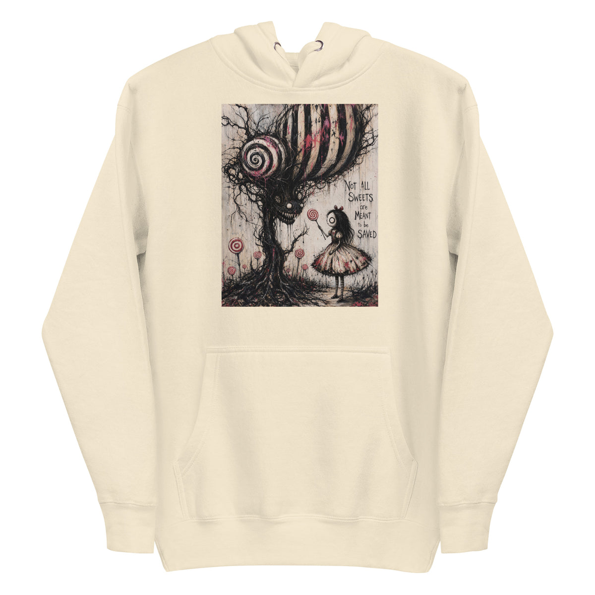 Bone pullover hoodie with the 'Sweet Tooth' goth graphic: a girl with a lollipop facing a creepy candy-striped tree monster, with the words "Not all sweets are meant to be saved"