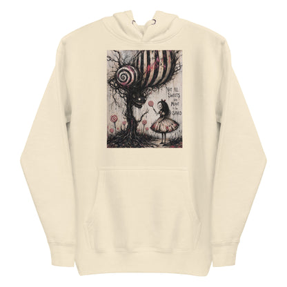 Bone pullover hoodie with the 'Sweet Tooth' goth graphic: a girl with a lollipop facing a creepy candy-striped tree monster, with the words "Not all sweets are meant to be saved"