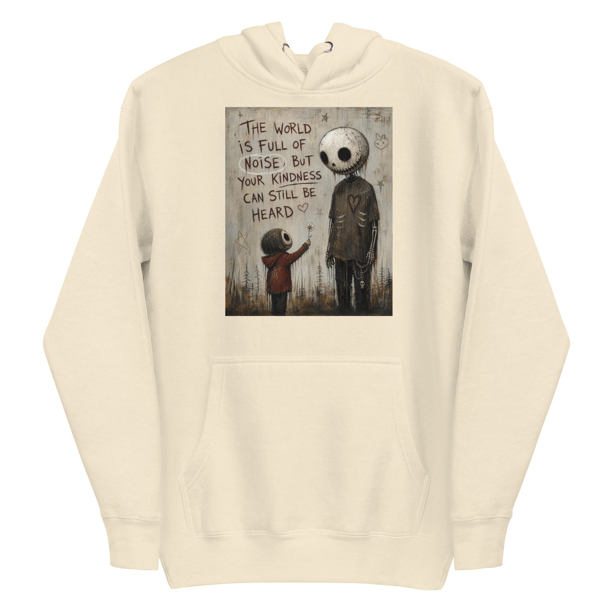Bone pullover hoodie with the 'Stay Kind' goth graphic: a tall skull-faced figure and a small child holding a flower, with the words "The world is full of noise, but your kindness can still be heard"