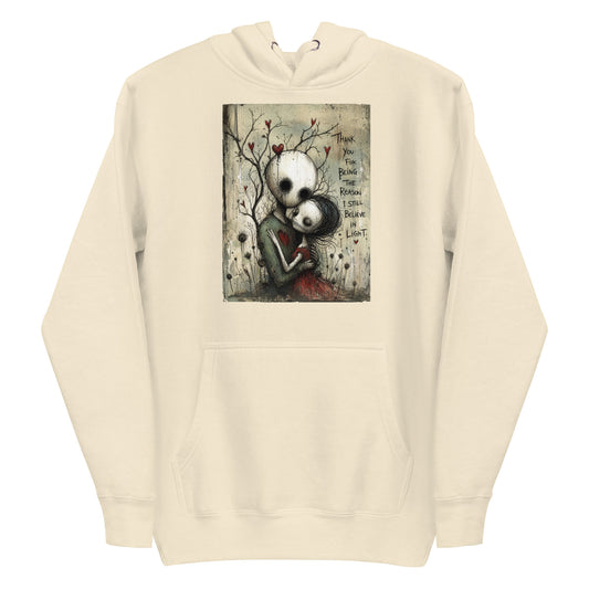 Bone pullover hoodie with the 'My Light In Dark Places' goth graphic: a skull-faced couple embracing under a bare tree with red hearts, with the words "Thank you for being the reason I still believe in light"