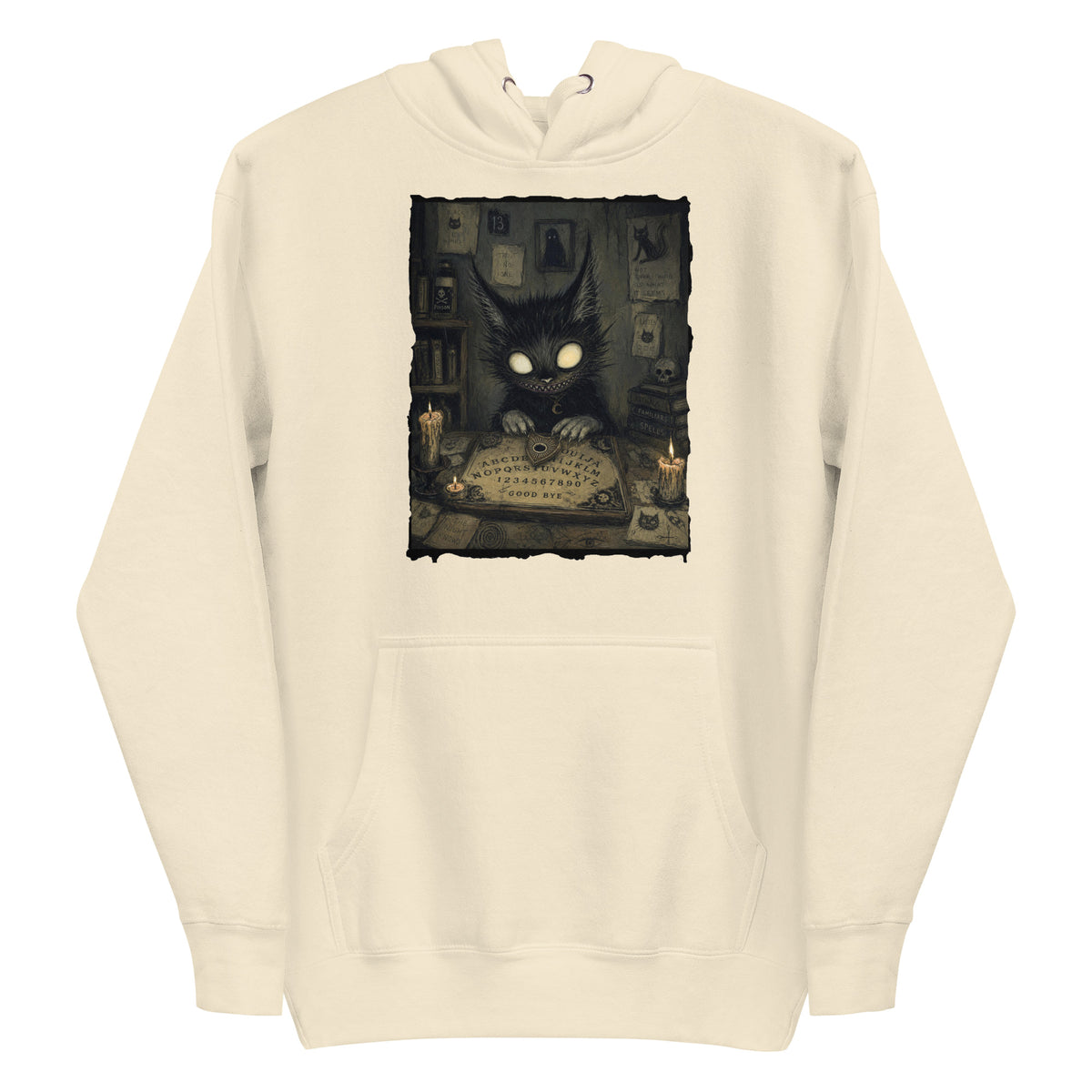 Bone pullover hoodie with the 'Free Readings' goth graphic: a wide-eyed black cat creature at a Ouija board surrounded by candles