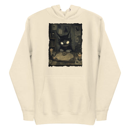 Bone pullover hoodie with the 'Free Readings' goth graphic: a wide-eyed black cat creature at a Ouija board surrounded by candles