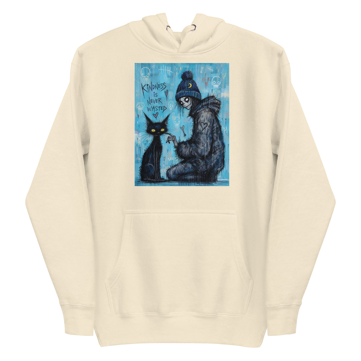 Bone pullover hoodie with the 'Kindness Is Never Wasted' goth graphic: a girl in a moon beanie petting a black cat on a blue background, with the words "Kindness is never wasted"