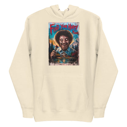 Bone pullover hoodie with the 'Find Your Happy Place' goth graphic: a zombie painter with a curly afro holding a paintbrush in front of a lakeside cabin, with the words "Find your happy place"