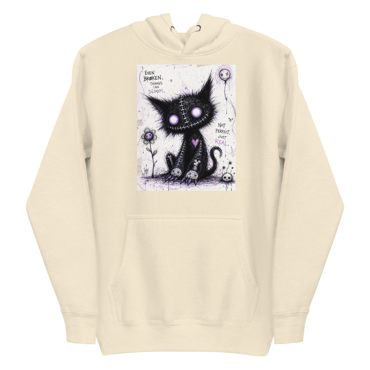 Bone pullover hoodie with the 'Even Broken Things Can Bloom' goth graphic: a stitched black cat with glowing purple eyes beside a flower, with the words "Even broken things can bloom"