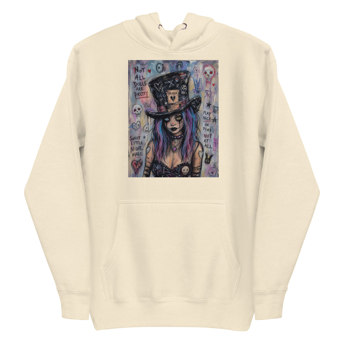 Bone pullover hoodie with the 'The Real Alice' goth graphic: a goth girl with blue and purple hair in a patched top hat, with the words "Not all dolls are pretty"