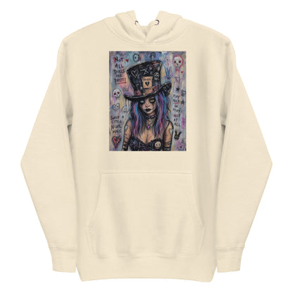 Bone pullover hoodie with the 'The Real Alice' goth graphic: a goth girl with blue and purple hair in a patched top hat, with the words "Not all dolls are pretty"
