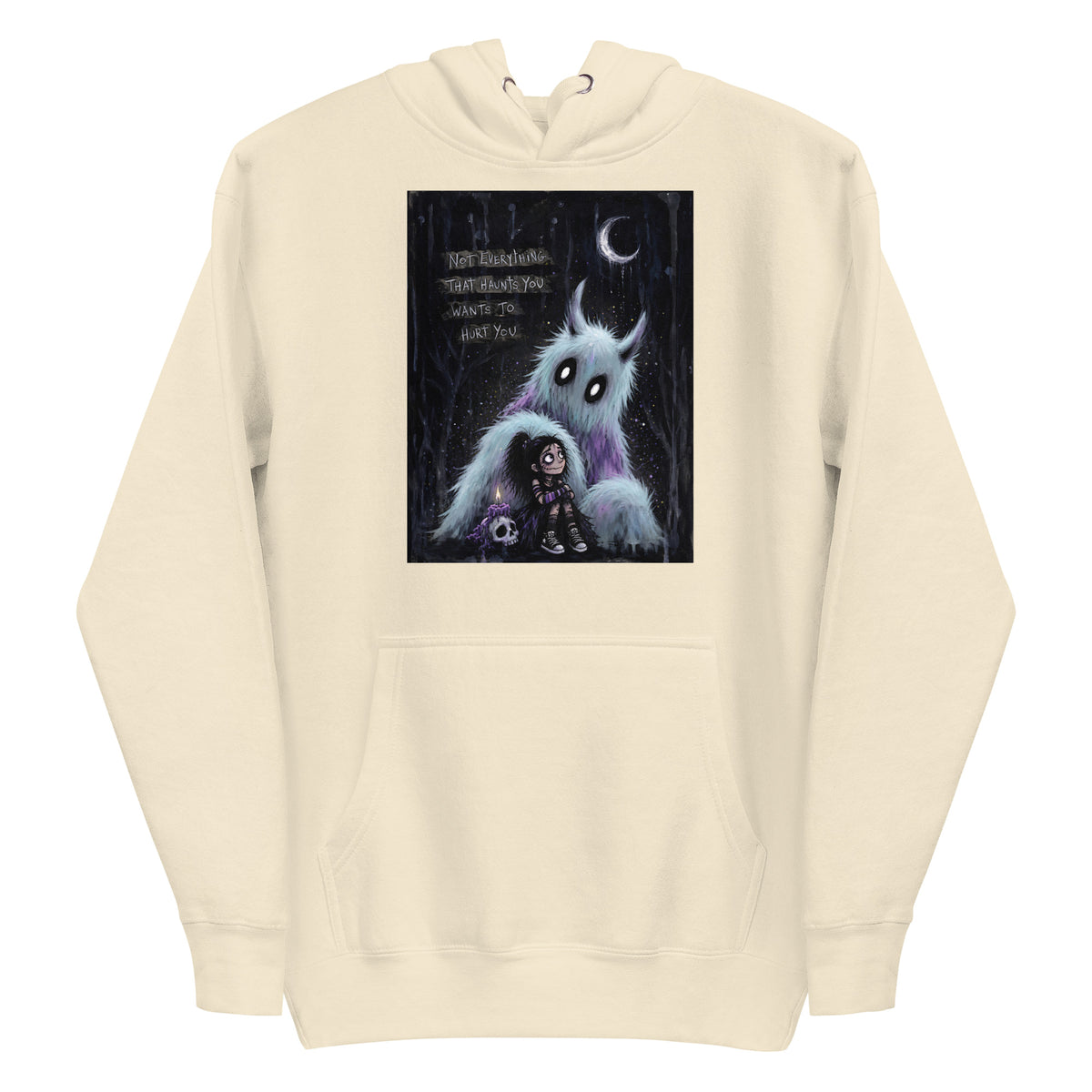 Bone pullover hoodie with the 'The Haunted' goth graphic: a little goth girl holding a candle beside a fuzzy blue monster under a crescent moon, with the words "Not everything that haunts you wants to hurt you"