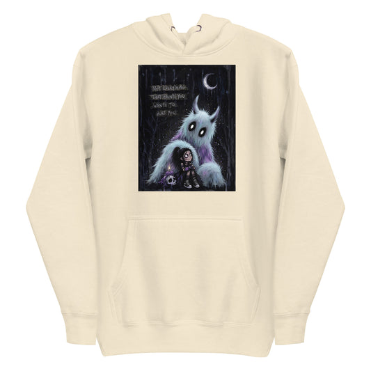 Bone pullover hoodie with the 'The Haunted' goth graphic: a little goth girl holding a candle beside a fuzzy blue monster under a crescent moon, with the words "Not everything that haunts you wants to hurt you"
