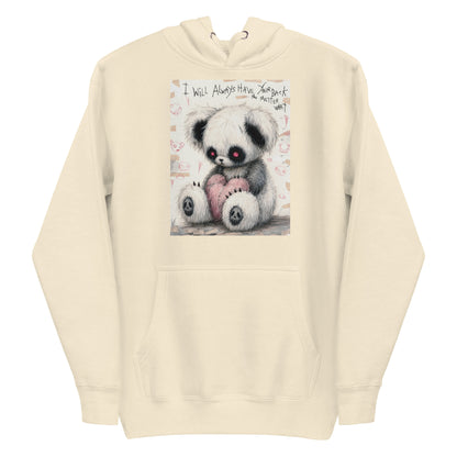 Bone pullover hoodie with the 'Always Got Your Back' goth graphic: a stitched panda-style teddy bear holding a pink heart, with the words "I will always have your back no matter what"