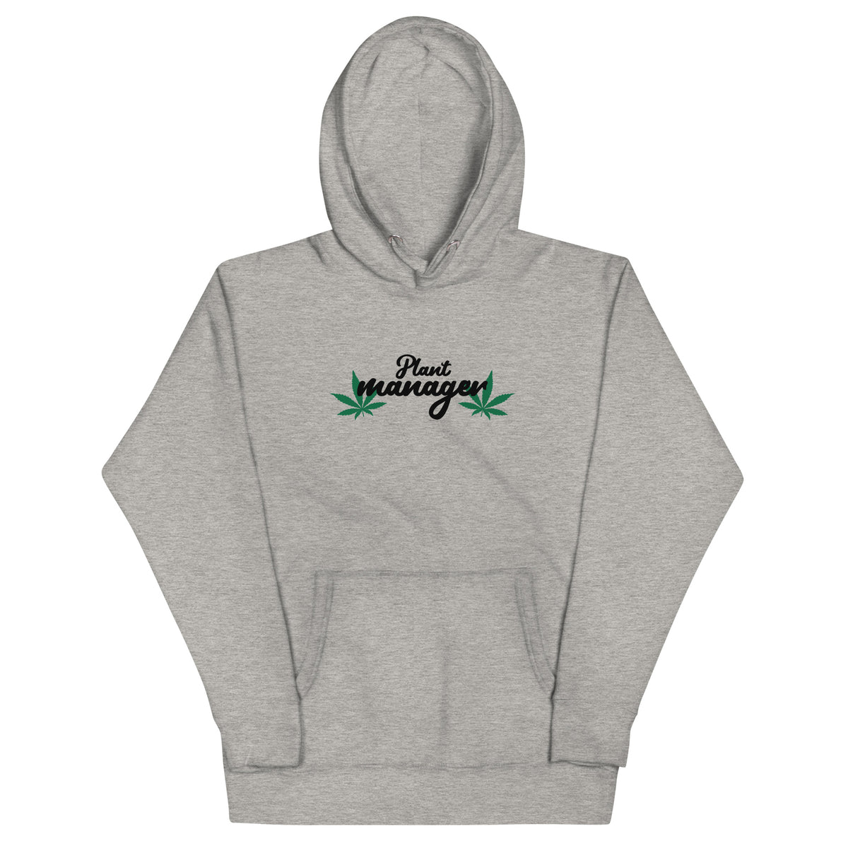Unisex hoodie in heather gray with Plant Managers logo on chest and front kangaroo pocket