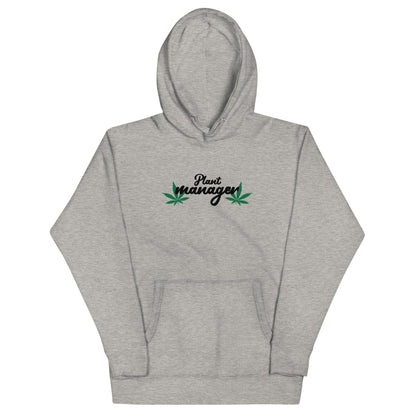 Unisex hoodie in heather gray with Plant Managers logo on chest and front kangaroo pocket
