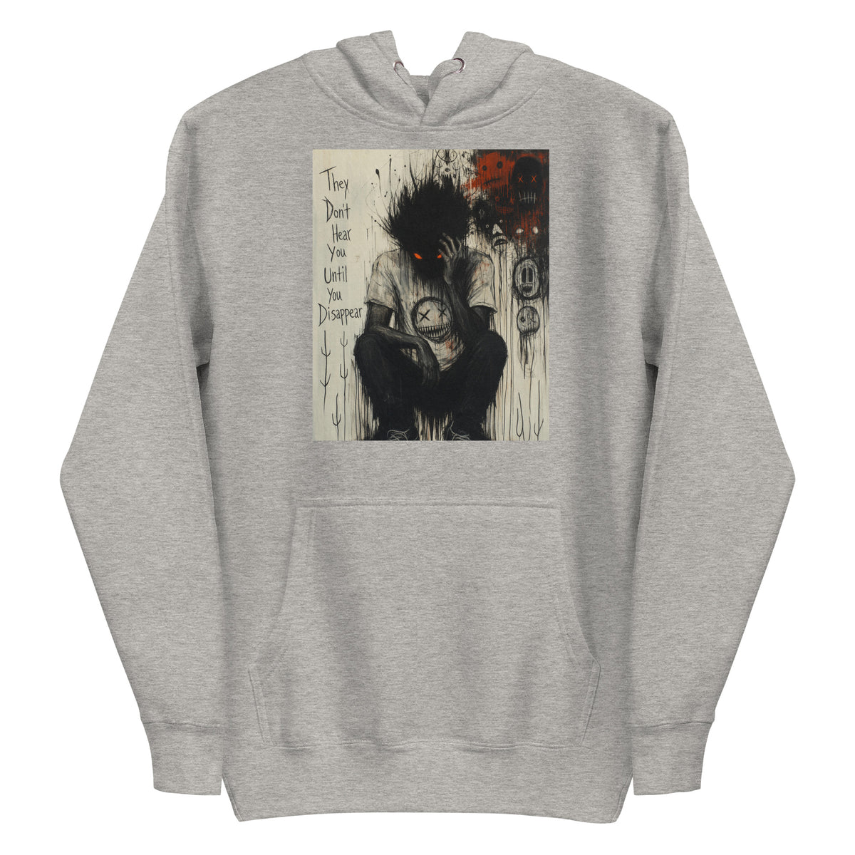 Carbon grey pullover hoodie with the 'To Late' goth graphic: a shadowy, wild-haired figure with glowing red eyes hunched over, with the words "They don't hear you until you disappear"