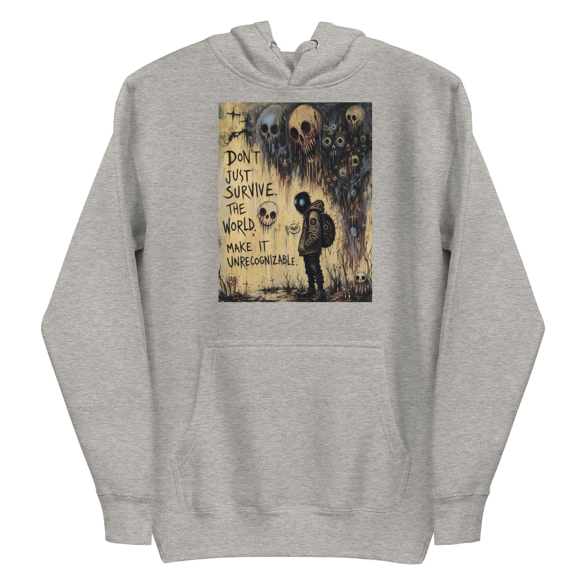 Carbon grey pullover hoodie with the 'World Changer' goth graphic: a hooded figure beneath looming skulls, with the words "Don't just survive the world, make it unrecognizable"