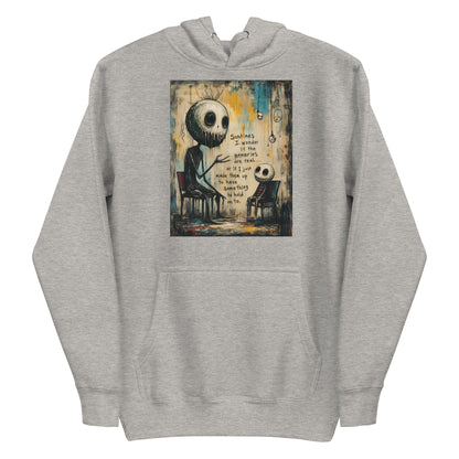 Carbon grey pullover hoodie with the 'Memories' goth graphic: two skull-faced figures sitting in chairs, with the words "Sometimes I wonder if the memories are real"