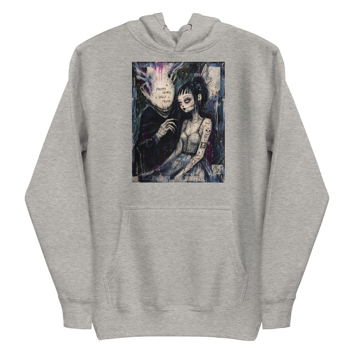 Carbon grey pullover hoodie with the 'Pretty Words' goth graphic: a pale goth bride beside a shadowy creature, with the words "Pretty words, ugly truth"