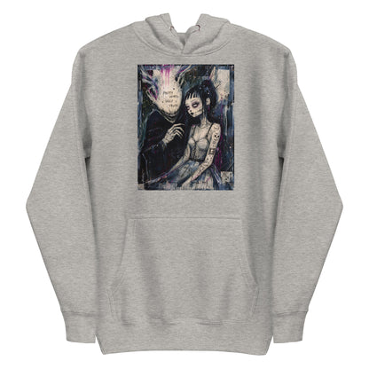 Carbon grey pullover hoodie with the 'Pretty Words' goth graphic: a pale goth bride beside a shadowy creature, with the words "Pretty words, ugly truth"