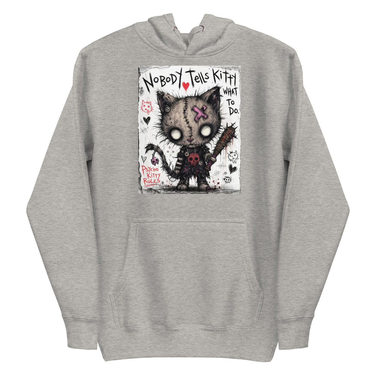 Carbon grey pullover hoodie with the 'Kitty' goth graphic: a stitched zombie cat holding a spiked bat, with the words "Nobody tells Kitty what to do"