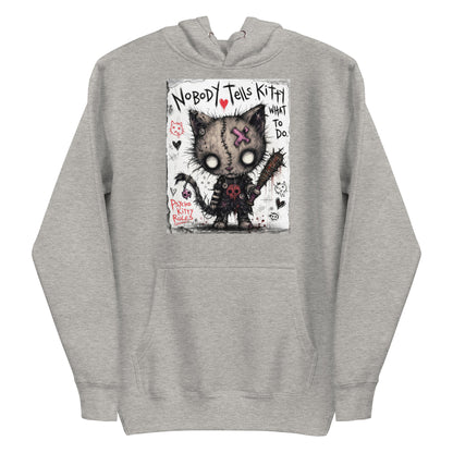 Carbon grey pullover hoodie with the 'Kitty' goth graphic: a stitched zombie cat holding a spiked bat, with the words "Nobody tells Kitty what to do"