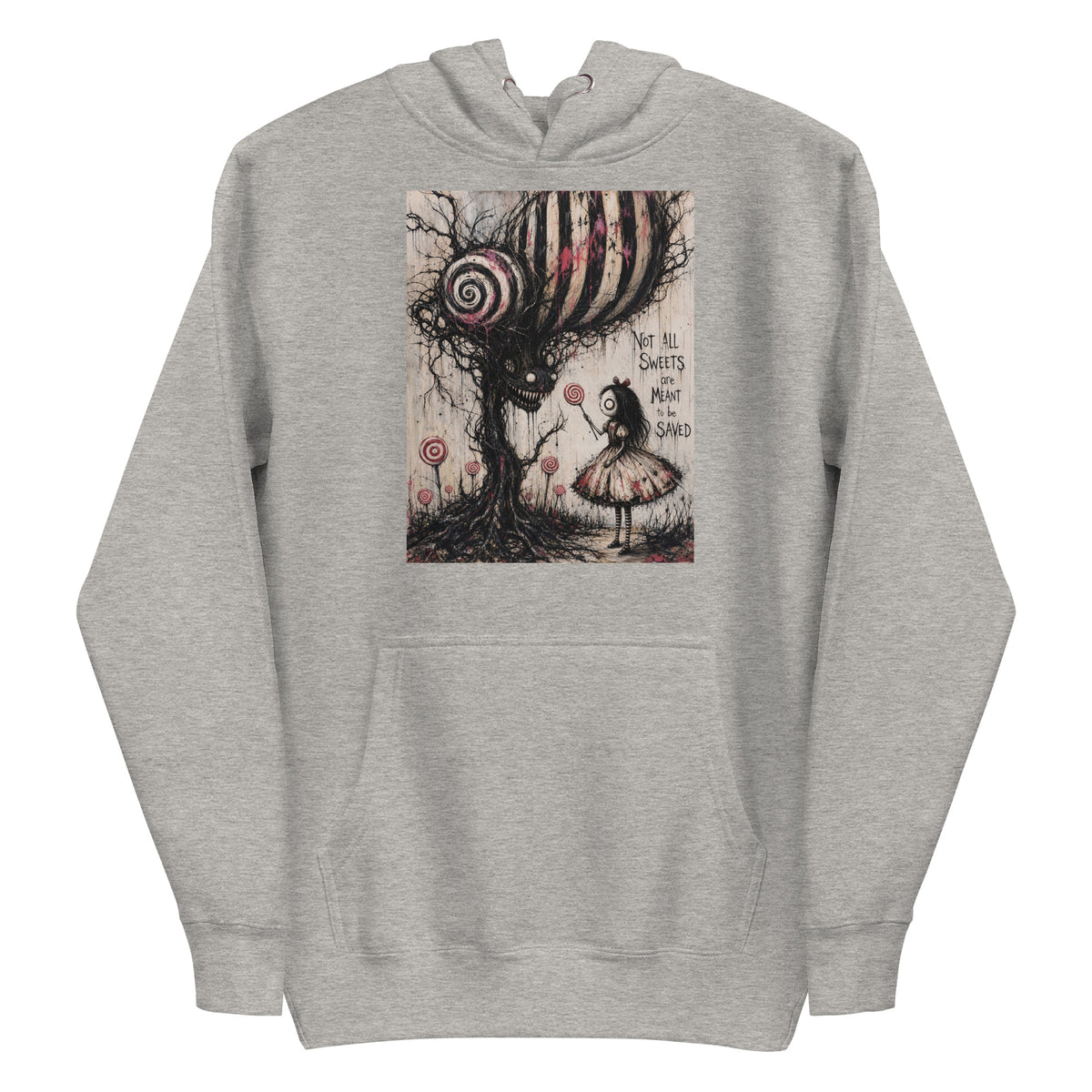 Carbon grey pullover hoodie with the 'Sweet Tooth' goth graphic: a girl with a lollipop facing a creepy candy-striped tree monster, with the words "Not all sweets are meant to be saved"