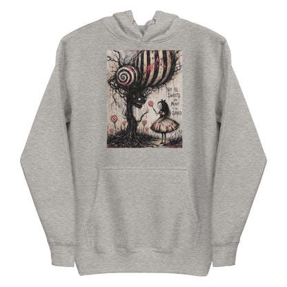 Carbon grey pullover hoodie with the 'Sweet Tooth' goth graphic: a girl with a lollipop facing a creepy candy-striped tree monster, with the words "Not all sweets are meant to be saved"