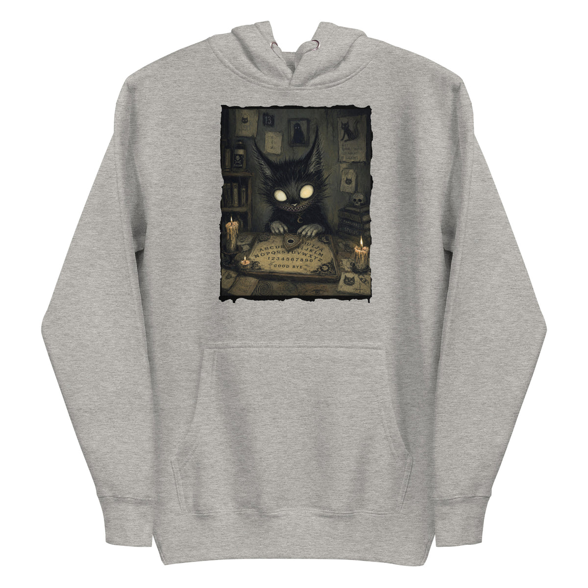 Carbon grey pullover hoodie with the 'Free Readings' goth graphic: a wide-eyed black cat creature at a Ouija board surrounded by candles