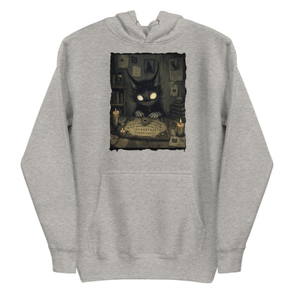 Carbon grey pullover hoodie with the 'Free Readings' goth graphic: a wide-eyed black cat creature at a Ouija board surrounded by candles