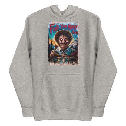 Carbon grey pullover hoodie with the 'Find Your Happy Place' goth graphic: a zombie painter with a curly afro holding a paintbrush in front of a lakeside cabin, with the words "Find your happy place"