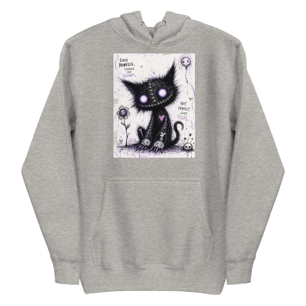 Carbon grey pullover hoodie with the 'Even Broken Things Can Bloom' goth graphic: a stitched black cat with glowing purple eyes beside a flower, with the words "Even broken things can bloom"