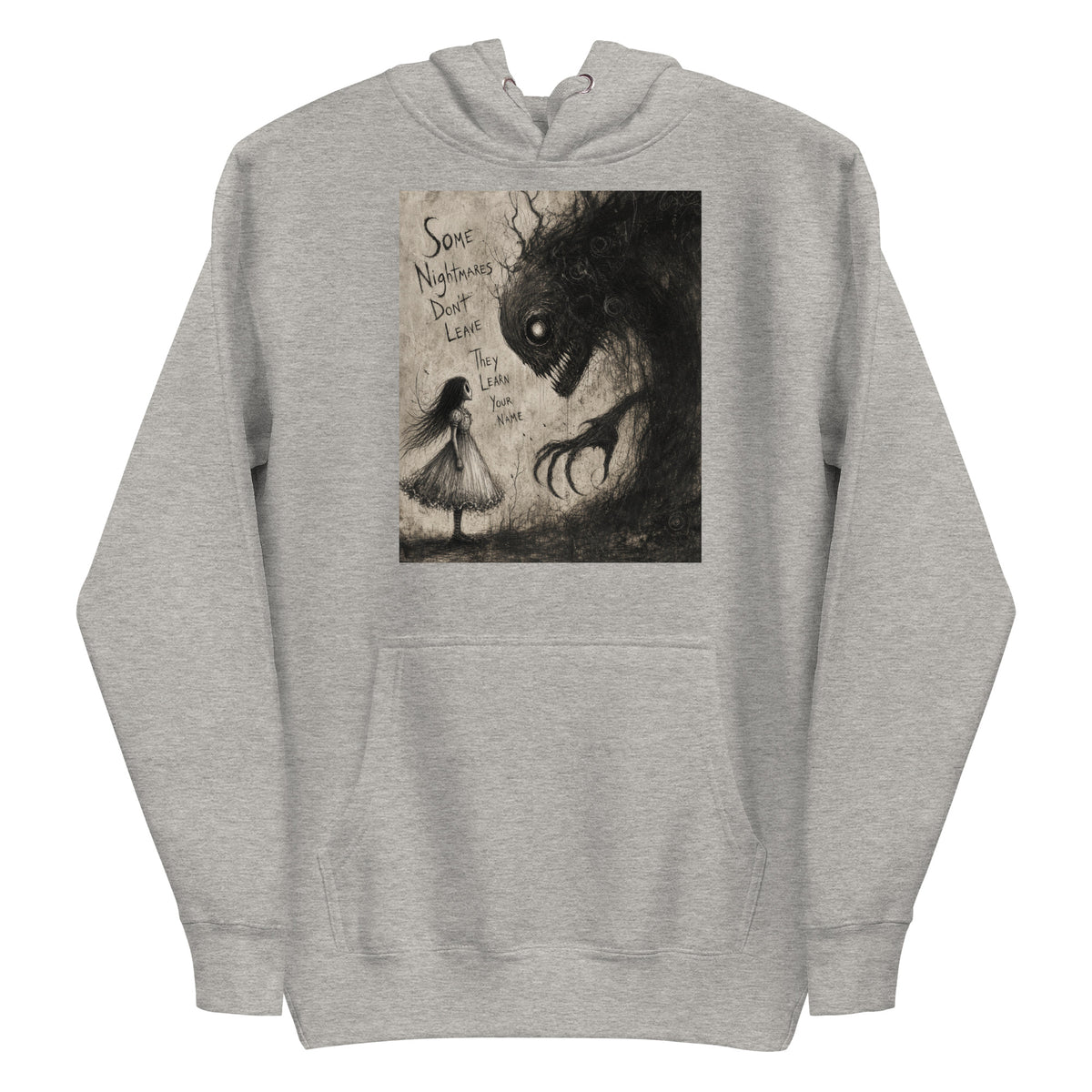 Carbon grey pullover hoodie with the 'Nightmares' goth graphic: a girl in a white dress facing a shadowy clawed monster, with the words "Some nightmares don't leave, they learn your name"