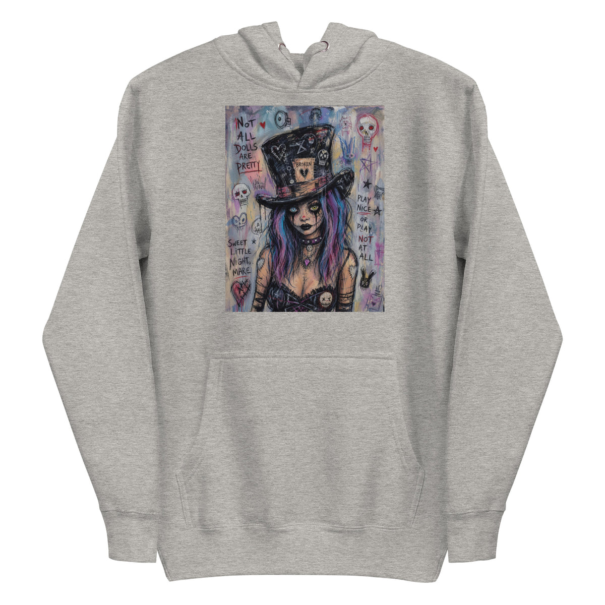 Carbon grey pullover hoodie with the 'The Real Alice' goth graphic: a goth girl with blue and purple hair in a patched top hat, with the words "Not all dolls are pretty"