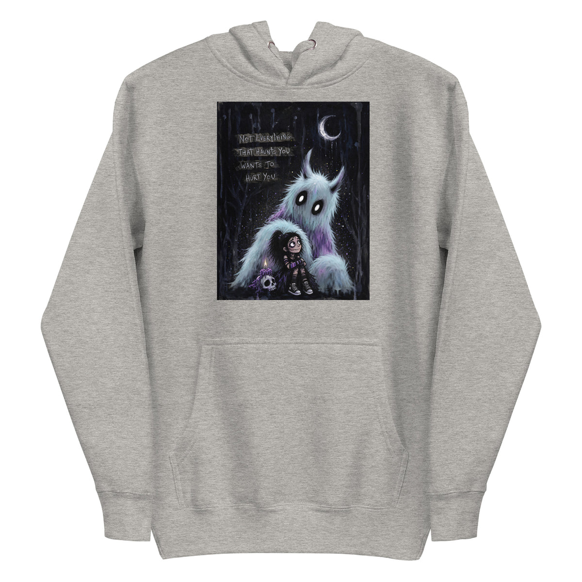 Carbon grey pullover hoodie with the 'The Haunted' goth graphic: a little goth girl holding a candle beside a fuzzy blue monster under a crescent moon, with the words "Not everything that haunts you wants to hurt you"