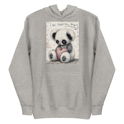 Carbon grey pullover hoodie with the 'Always Got Your Back' goth graphic: a stitched panda-style teddy bear holding a pink heart, with the words "I will always have your back no matter what"