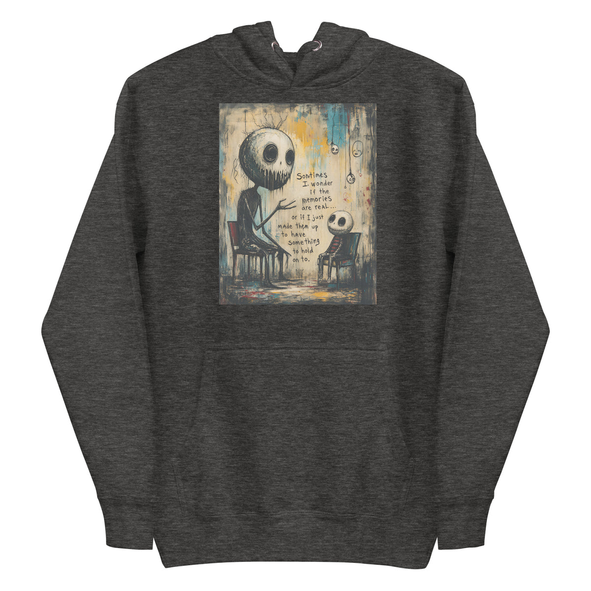 Charcoal heather pullover hoodie with the 'Memories' goth graphic: two skull-faced figures sitting in chairs, with the words "Sometimes I wonder if the memories are real"