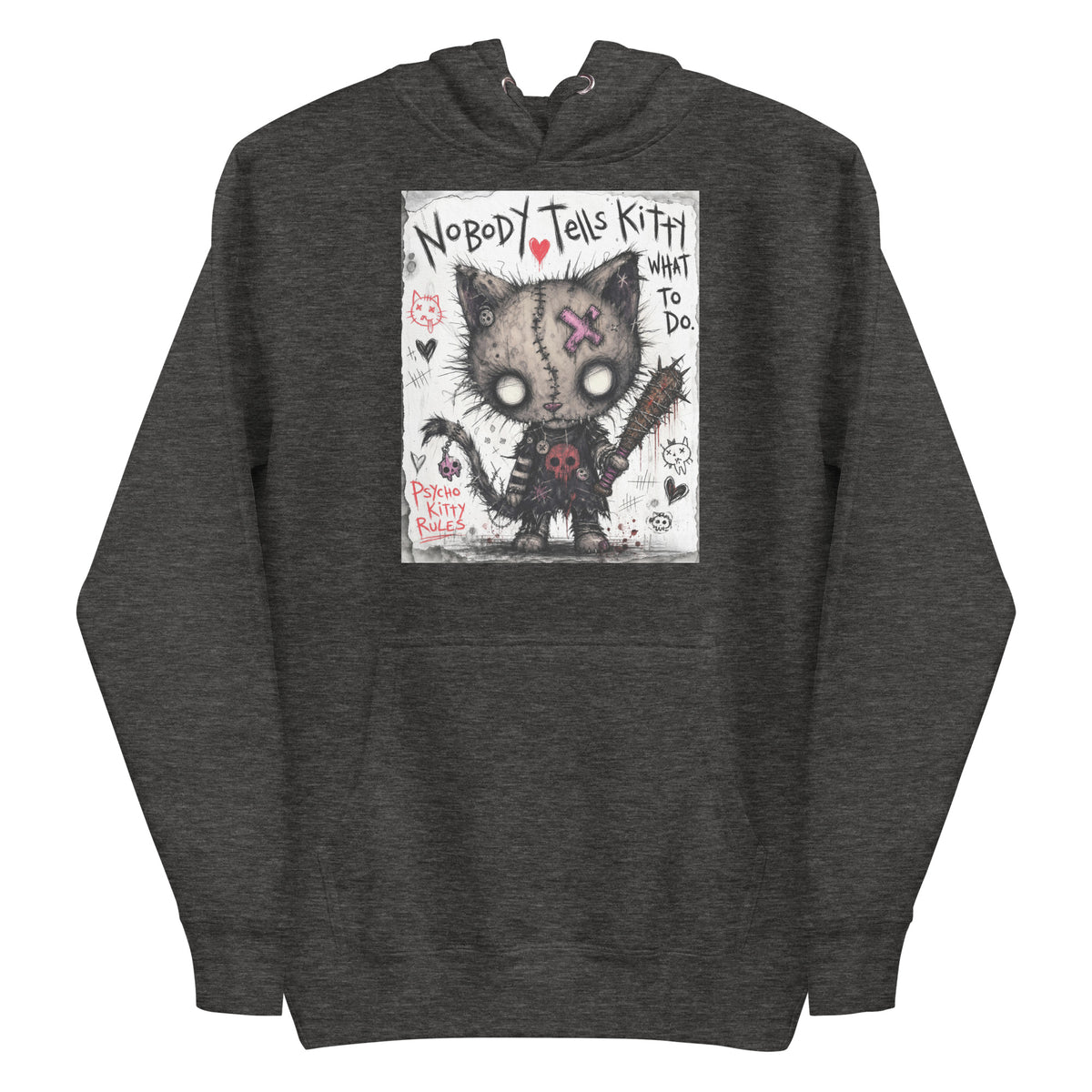 Charcoal heather pullover hoodie with the 'Kitty' goth graphic: a stitched zombie cat holding a spiked bat, with the words "Nobody tells Kitty what to do"