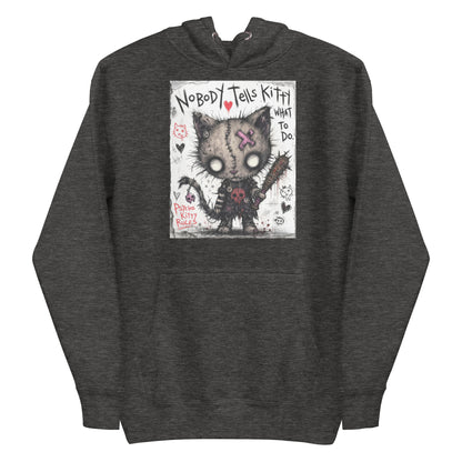 Charcoal heather pullover hoodie with the 'Kitty' goth graphic: a stitched zombie cat holding a spiked bat, with the words "Nobody tells Kitty what to do"