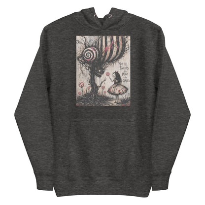Charcoal heather pullover hoodie with the 'Sweet Tooth' goth graphic: a girl with a lollipop facing a creepy candy-striped tree monster, with the words "Not all sweets are meant to be saved"