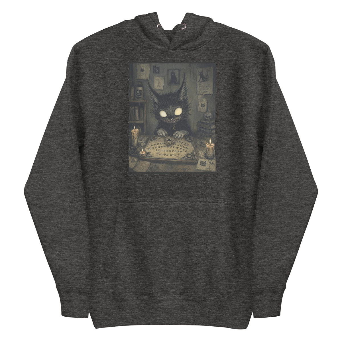 Charcoal heather pullover hoodie with the 'Free Readings' goth graphic: a wide-eyed black cat creature at a Ouija board surrounded by candles