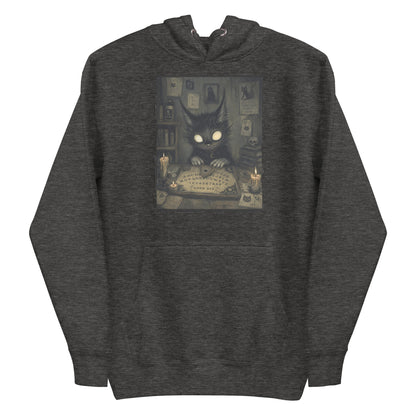 Charcoal heather pullover hoodie with the 'Free Readings' goth graphic: a wide-eyed black cat creature at a Ouija board surrounded by candles