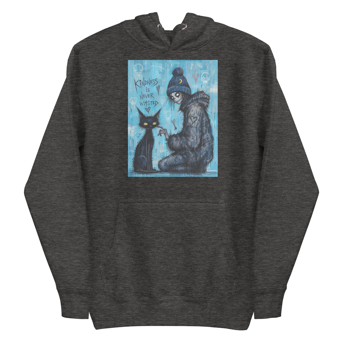 Charcoal heather pullover hoodie with the 'Kindness Is Never Wasted' goth graphic: a girl in a moon beanie petting a black cat on a blue background, with the words "Kindness is never wasted"