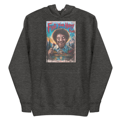 Charcoal heather pullover hoodie with the 'Find Your Happy Place' goth graphic: a zombie painter with a curly afro holding a paintbrush in front of a lakeside cabin, with the words "Find your happy place"
