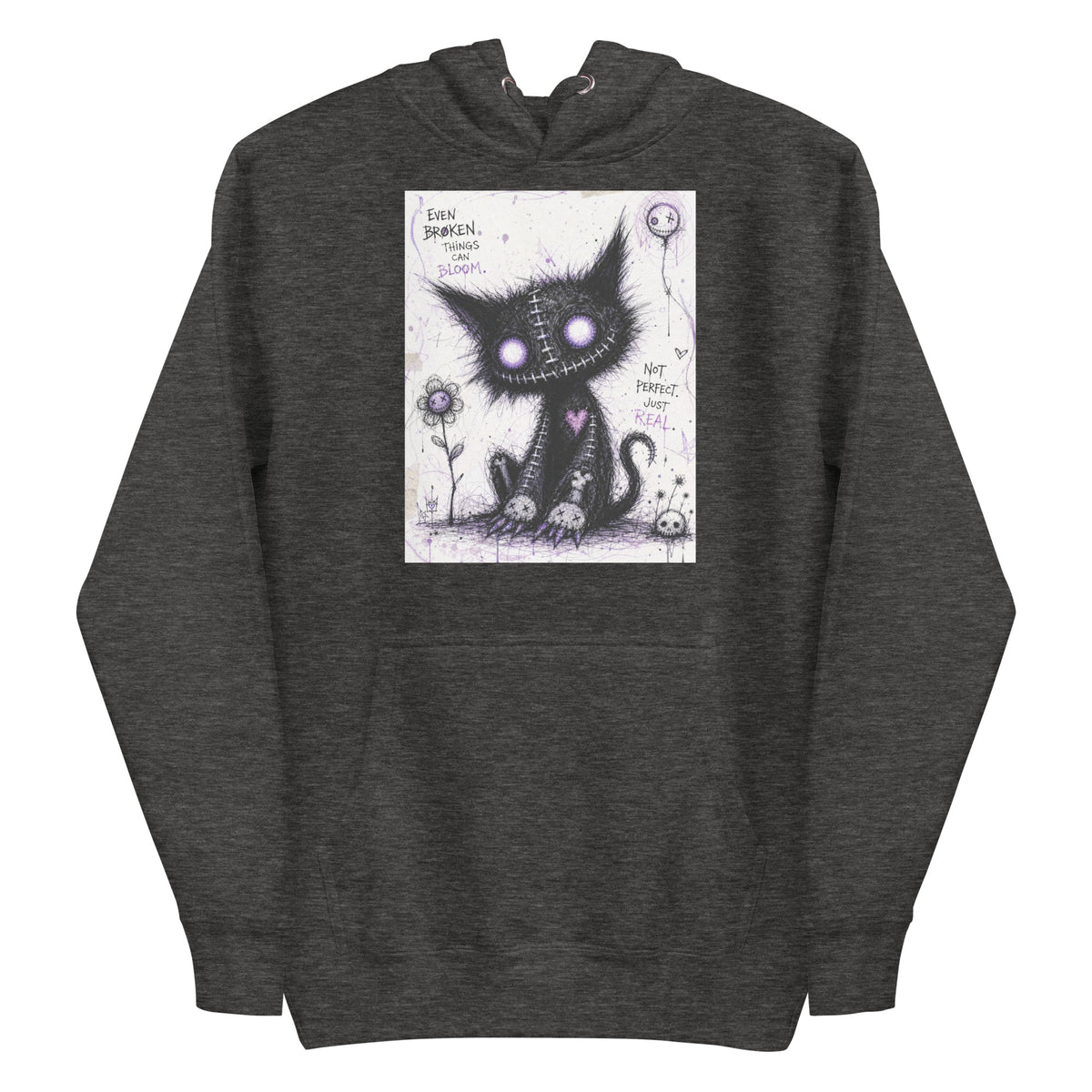 Charcoal heather pullover hoodie with the 'Even Broken Things Can Bloom' goth graphic: a stitched black cat with glowing purple eyes beside a flower, with the words "Even broken things can bloom"