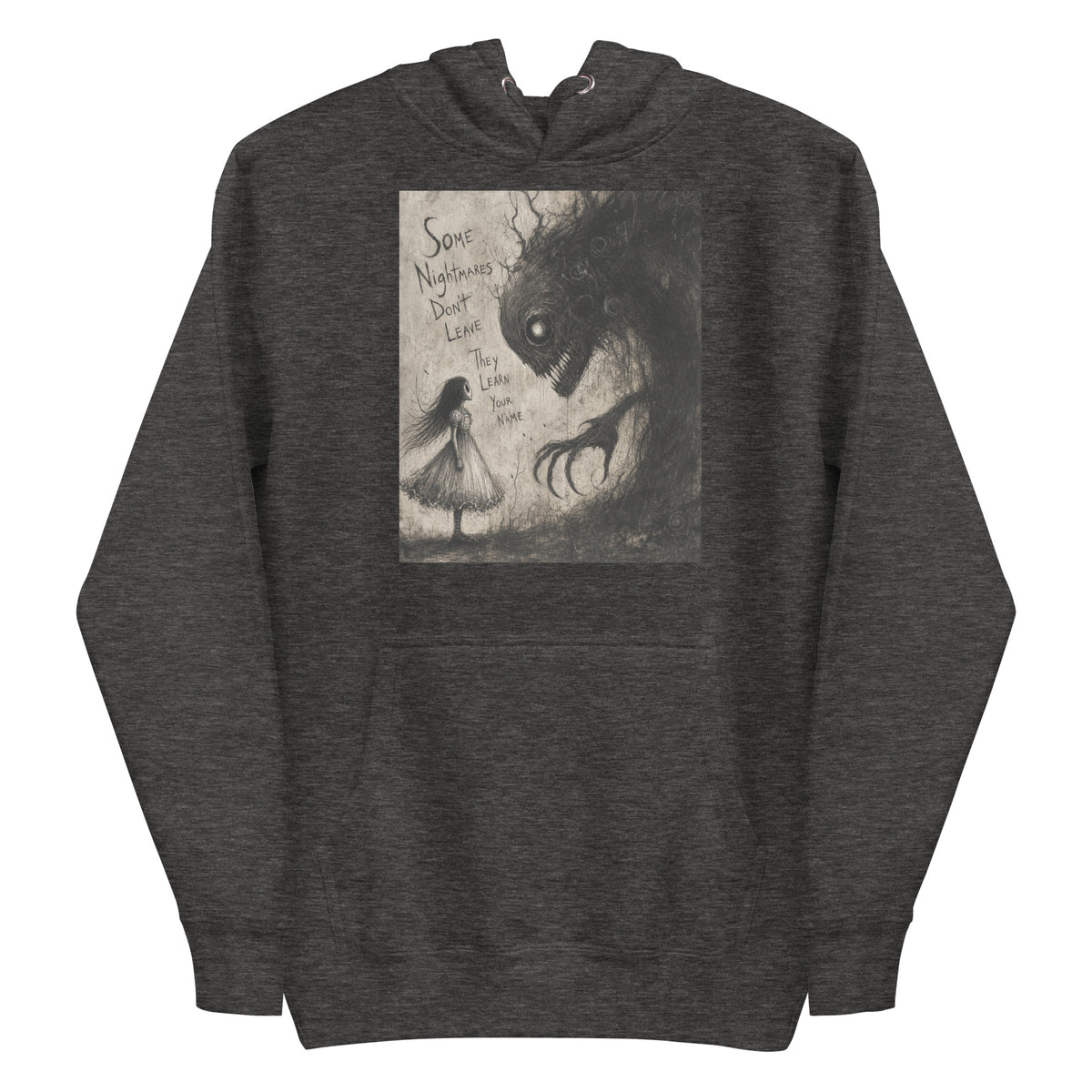 Charcoal heather pullover hoodie with the 'Nightmares' goth graphic: a girl in a white dress facing a shadowy clawed monster, with the words "Some nightmares don't leave, they learn your name"