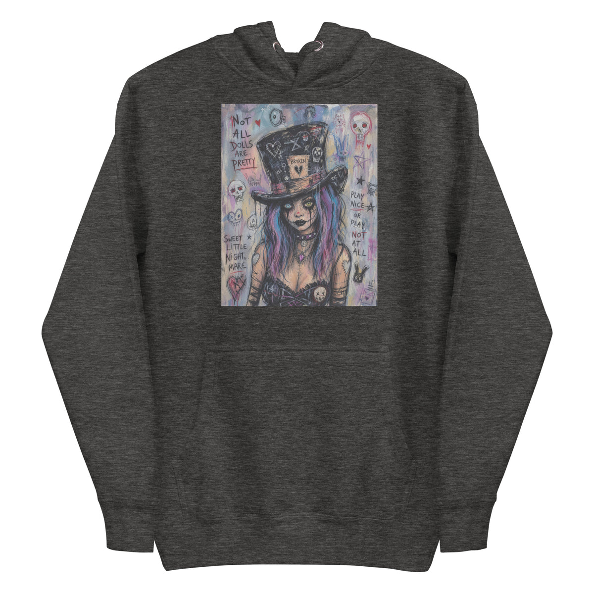 Charcoal heather pullover hoodie with the 'The Real Alice' goth graphic: a goth girl with blue and purple hair in a patched top hat, with the words "Not all dolls are pretty"