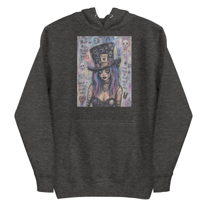 Charcoal heather pullover hoodie with the 'The Real Alice' goth graphic: a goth girl with blue and purple hair in a patched top hat, with the words "Not all dolls are pretty"